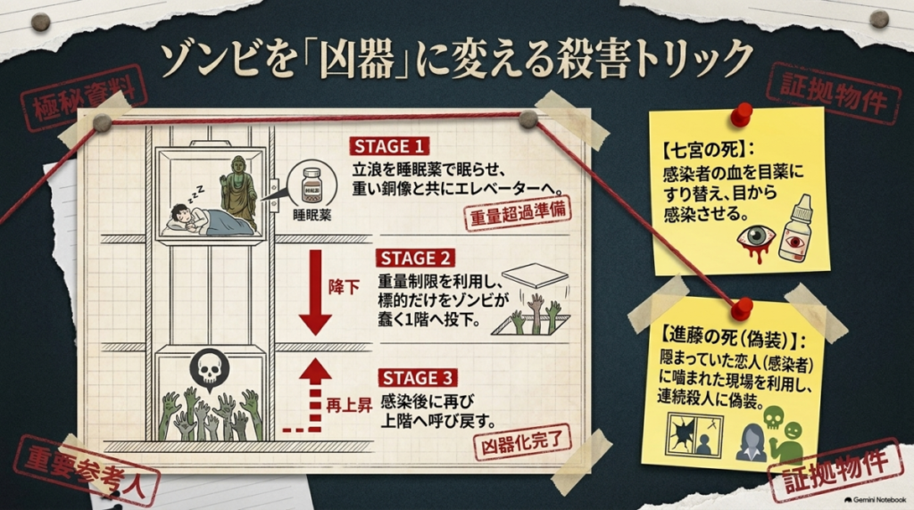 睡眠薬とエレベーターの重量制限を利用して標的だけを1階のゾンビに襲わせるトリックや、七宮と進藤の死の偽装方法をまとめた解説図  