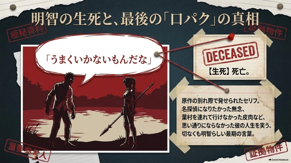 明智が死亡したことと、最期の口パクが原作のセリフでもある「うまくいかないもんだな」であるという考察をまとめたスライド  