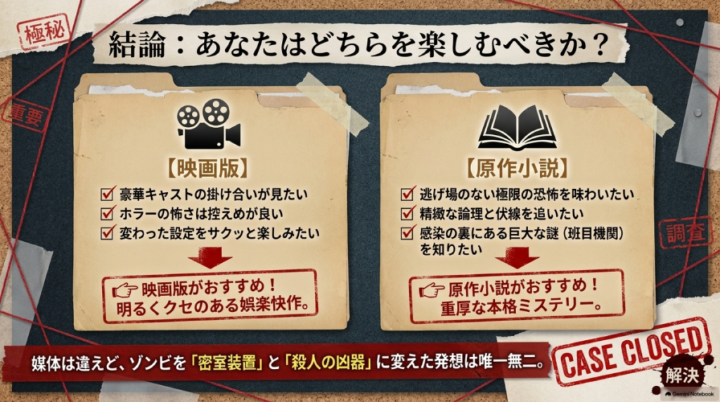 キャストの掛け合いや手軽なホラーを楽しみたい人は映画版、精緻な論理や巨大な謎を知りたい人は原作小説がおすすめという結論をまとめた