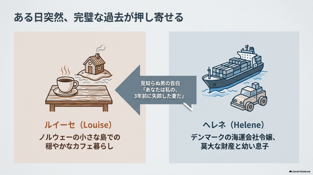 ノルウェーでのカフェ暮らしと、海運会社令嬢としての対照的な人生を示すイラスト。