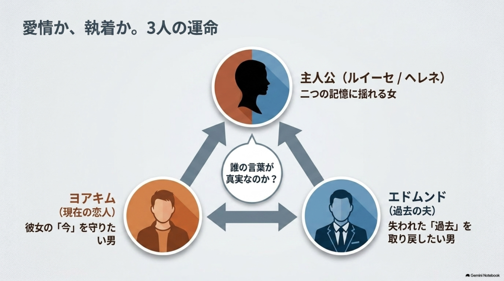 主人公を中心に、現在の恋人ヨアキムと過去の夫エドムンドの3人の関係性を表した相関図。