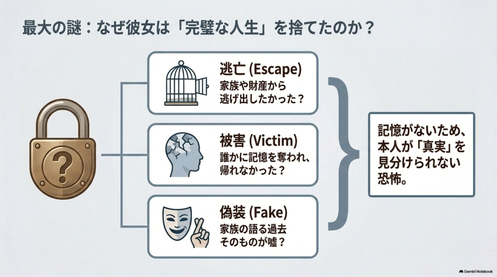 失踪の理由として「逃亡」「被害」「偽装」の3つの可能性を提示するイラスト。