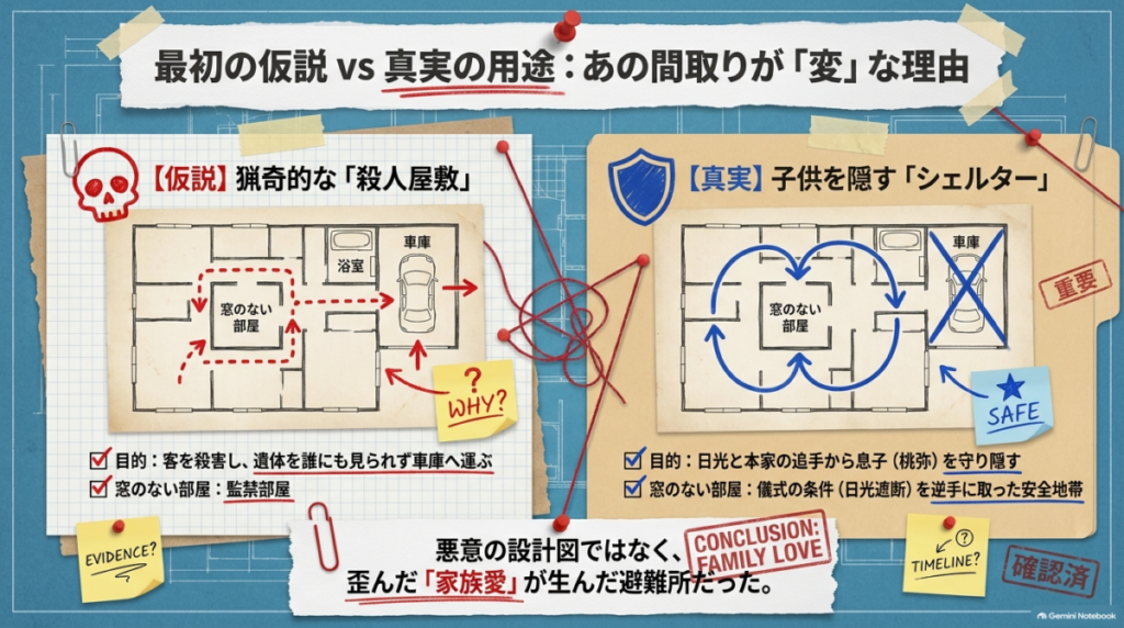 窓のない部屋の目的について、猟奇的な殺人屋敷という仮説と、子供を日光から守るシェルターだったという真実の用途を比較した図解スライド。悪意の設計ではなく、歪んだ家族愛が生んだ避難所だったと結論付けている。