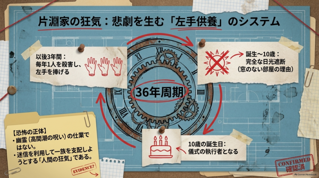 片淵家の左手供養のシステムを図解したスライド。36年周期で行われ、誕生から10歳まで完全な日光遮断を行い、10歳の誕生日に儀式の執行者となる狂気のルールが説明されている。  