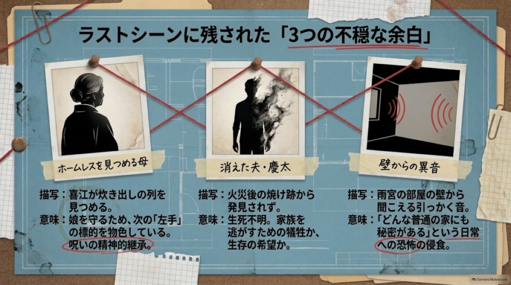 映画のラストシーンに残された3つの不穏な余白を解説したスライド。ホームレスを見つめる母、消えた夫・慶太、壁からの異音という3つの要素の意味が考察されている。  