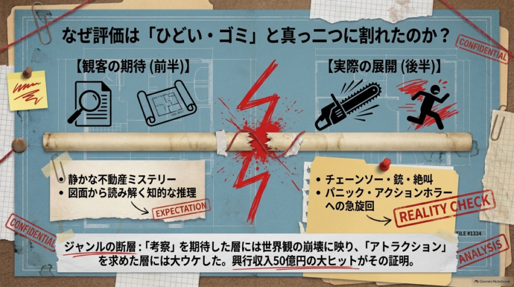  映画の評価が分かれた理由を図解したスライド。静かなミステリーを期待した前半に対して、後半がパニックホラーへ急旋回したことで観客の期待と実際の展開にズレが生じたことを説明している。  