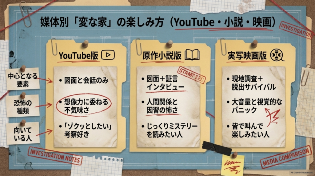  YouTube版、原作小説版、実写映画版のそれぞれの中心となる要素、恐怖の種類、向いている人を比較した表のスライド。  