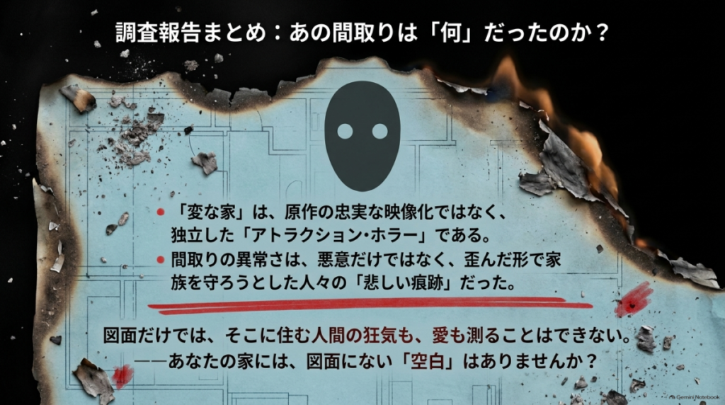  映画『変な家』の調査報告まとめスライド。原作に忠実な映像化ではなく独立したアトラクション・ホラーであり、間取りの異常さは歪んだ家族愛の痕跡だったと結論付けている。  