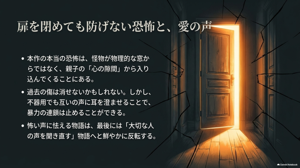  扉を閉めても防げない恐怖と、愛の声に耳を澄ませることの重要性を説く、物語の総括スライド。  