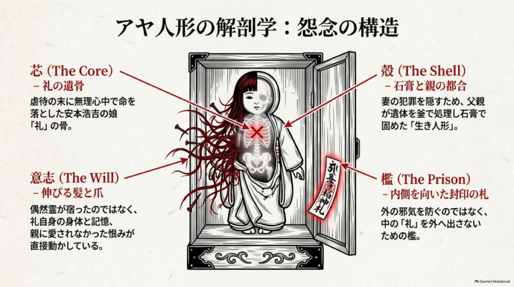 アヤ人形の構造を図解したスライド。芯となる礼の遺骨、意志を持って伸びる髪と爪、親の都合で石膏で固められた殻、内側を向いて礼を閉じ込める封印の札（檻）から構成されていることを解説している。