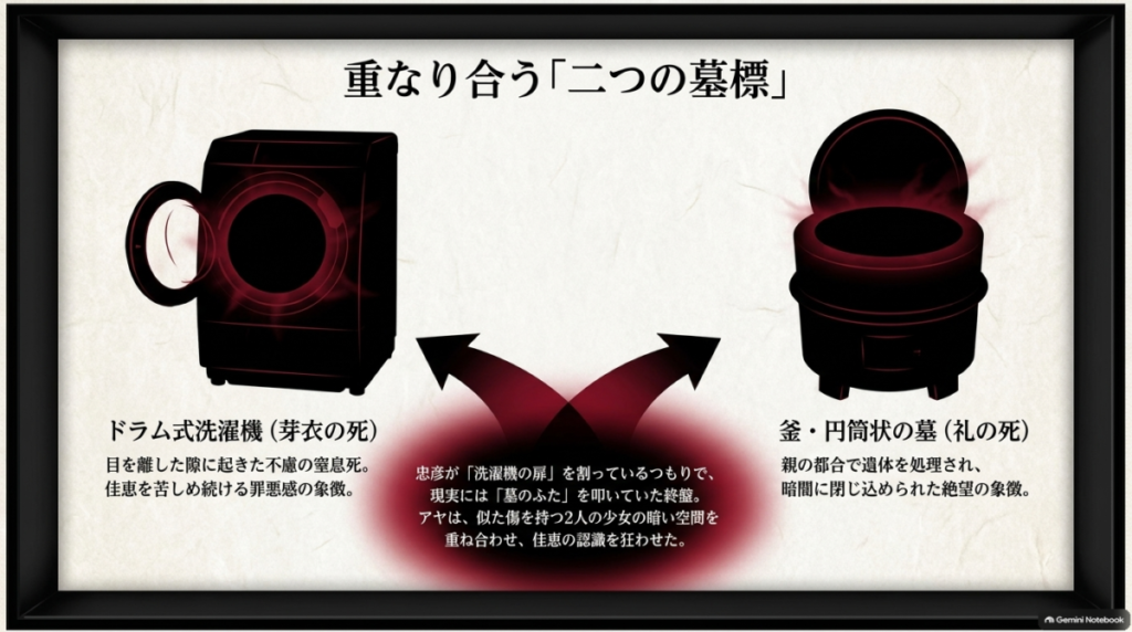 ドラム式洗濯機と円筒状の釜（墓）を並べた図解スライド。芽衣の窒息死の象徴である洗濯機と、礼が暗闇に閉じ込められた絶望の象徴である墓を重ね合わせることで、アヤが佳恵の認識を狂わせたことを解説している。