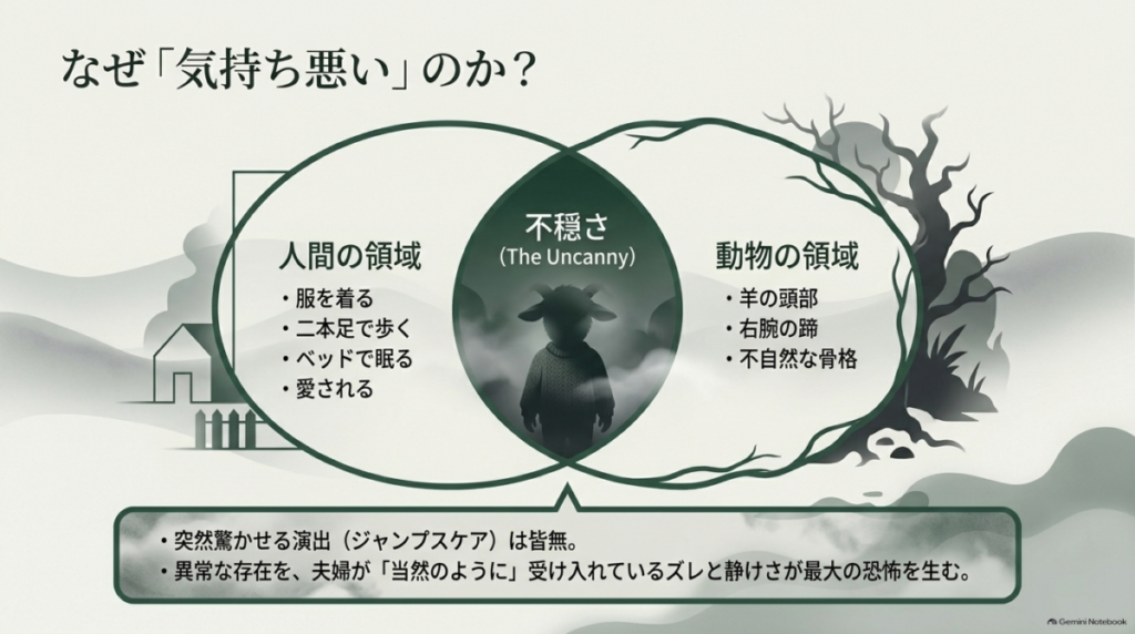 なぜ気持ち悪いのかを図解。人間の領域と動物の領域の要素が混ざり合い、不穏さを生み出している様子を説明。