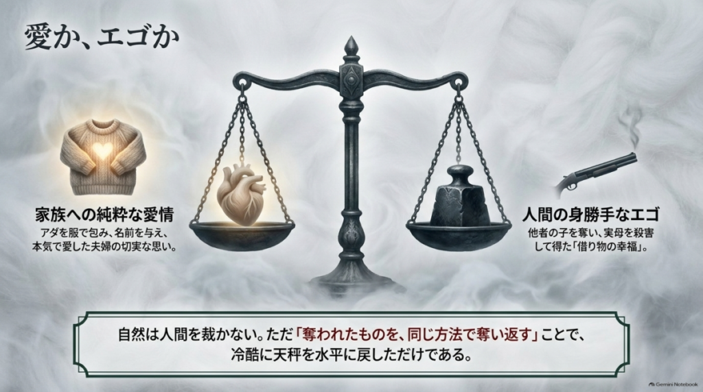 愛かエゴか。家族への純粋な愛情と人間の身勝手なエゴが対比され、自然は奪われたものを同じ方法で奪い返したと説明。