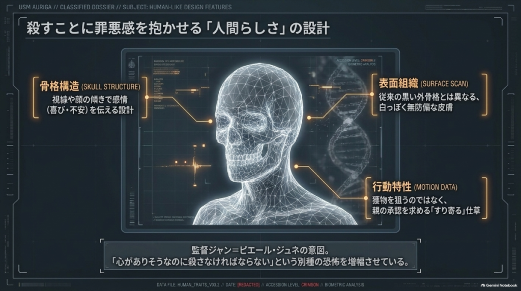 ニューボーンの頭部スキャン画像と、視線や顔の傾きで感情を伝える人間らしい設計についての解説  