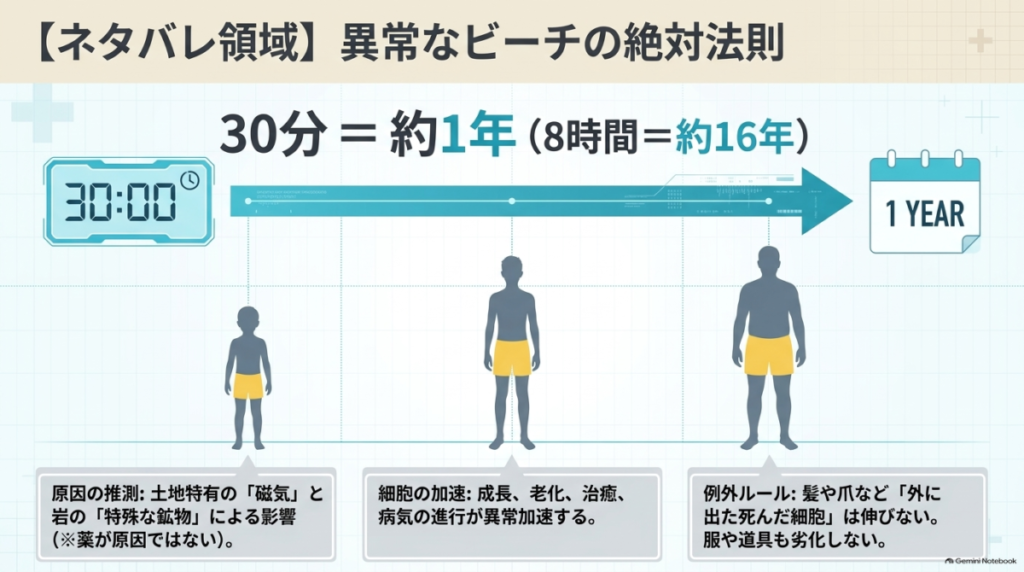 30分が約1年（8時間で約16年）に相当するタイムラインと、子供から大人へ成長するシルエット図。