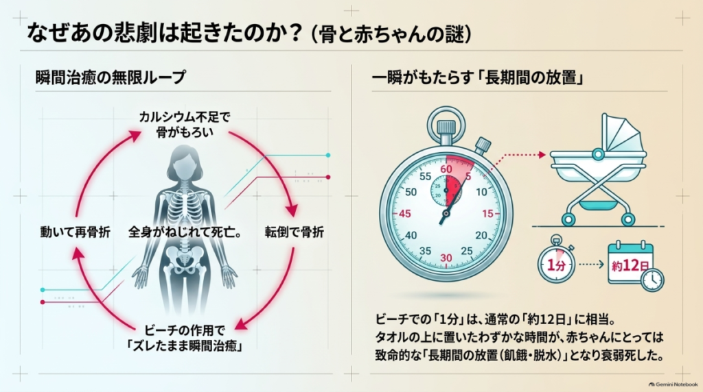 骨折と瞬間治癒の無限ループによって全身がねじれる図解と、現実の1分がビーチでは約12日に相当するため赤ちゃんが長期間放置されてしまうという図解。