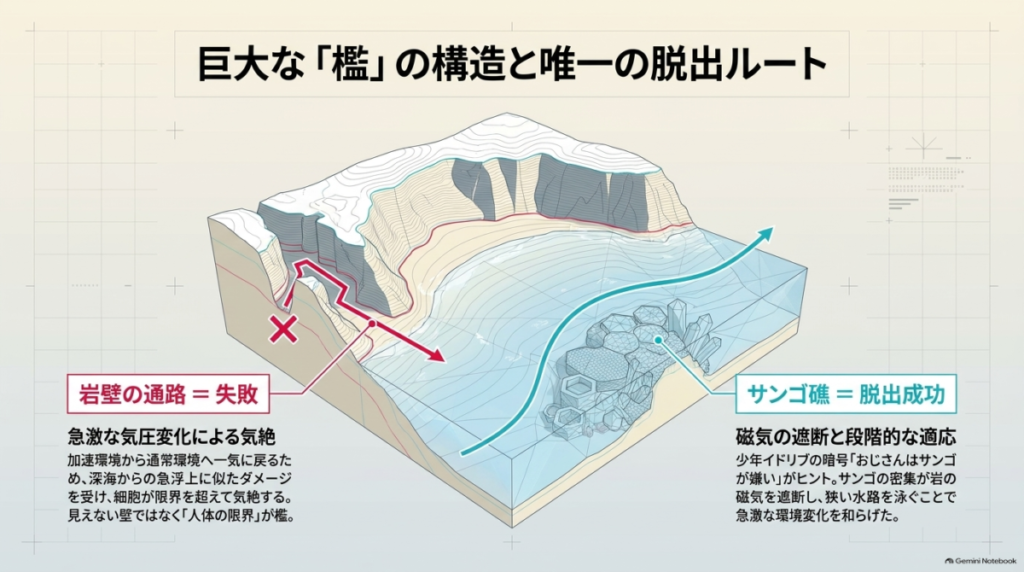 岩壁の通路での脱出失敗（急激な気圧変化による気絶）と、サンゴ礁での脱出成功（磁気の遮断と段階的な適応）の仕組みを図解。