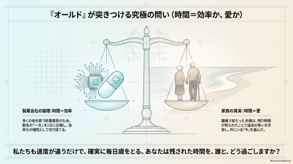 天秤のイラスト。片方には製薬会社の論理である「時間＝効率」を示す薬とチップ、もう片方には家族の真実である「時間＝愛」を示す老夫婦が乗っている図。