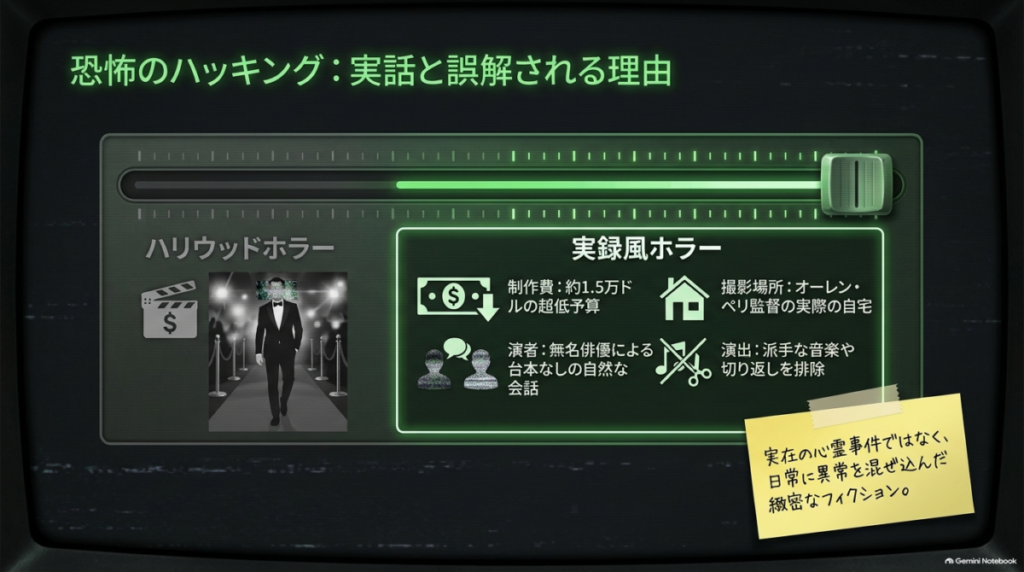  制作費約1.5万ドルの超低予算、無名俳優による台本なしの自然な会話、監督の実際の自宅での撮影など、日常に異常を混ぜ込んだ緻密なフィクションであることを示す図解。  