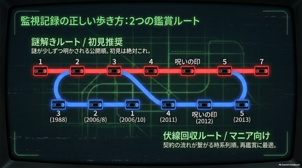  謎解きルート（初見推奨の公開順）と伏線回収ルート（マニア向けの時系列順）の2つの鑑賞ルートを比較した図解。  