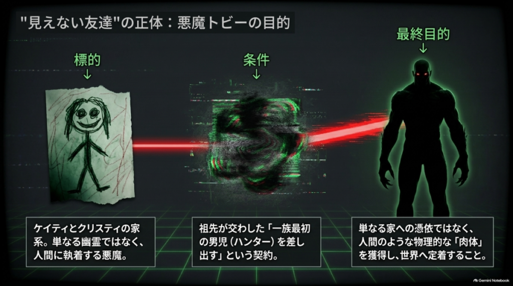悪魔トビーの標的がケイティとクリスティの家系であり、一族最初の男児を差し出す契約のもと、物理的な肉体を獲得して世界へ定着することを最終目的としていることを解説する図解。  