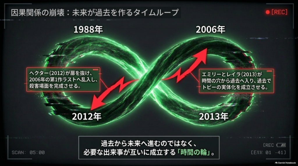  2012年から2006年へ、2013年から1988年へと過去へ干渉することで、必要な出来事が互いに成立する「時間の輪」を示す図解。  