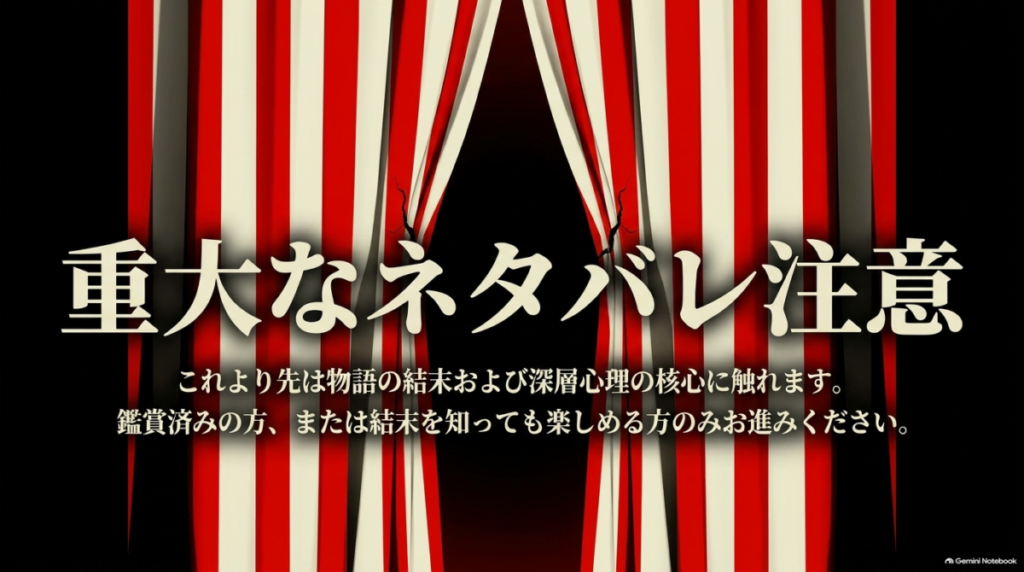 「重大なネタバレ注意」と書かれた、鑑賞済みまたは結末を知ってもよい方向けの警告スライド  