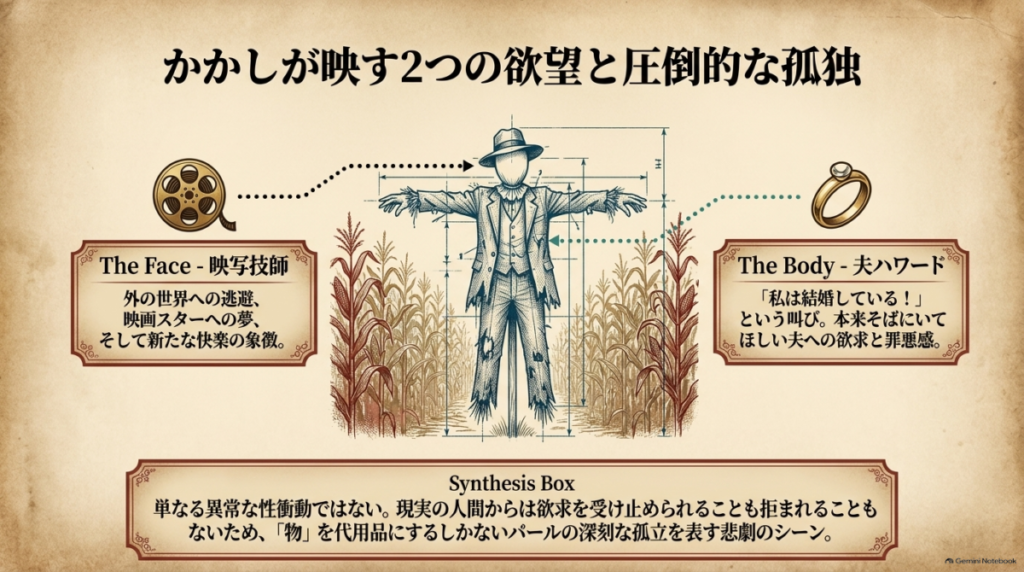 かかしに映写技師（外の世界への逃避）と夫ハワード（本来の欲求）の2つを投影し、パールの孤立を解説した図解  
