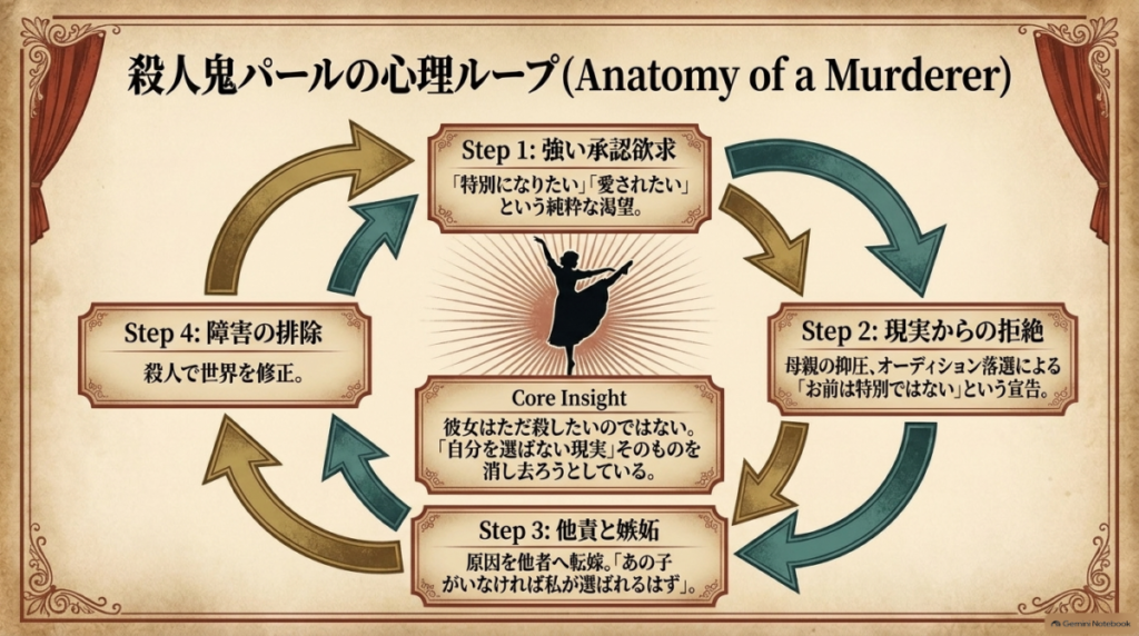 強い承認欲求、現実からの拒絶、他責と嫉妬、障害の排除という、パールの4段階の心理ループ図