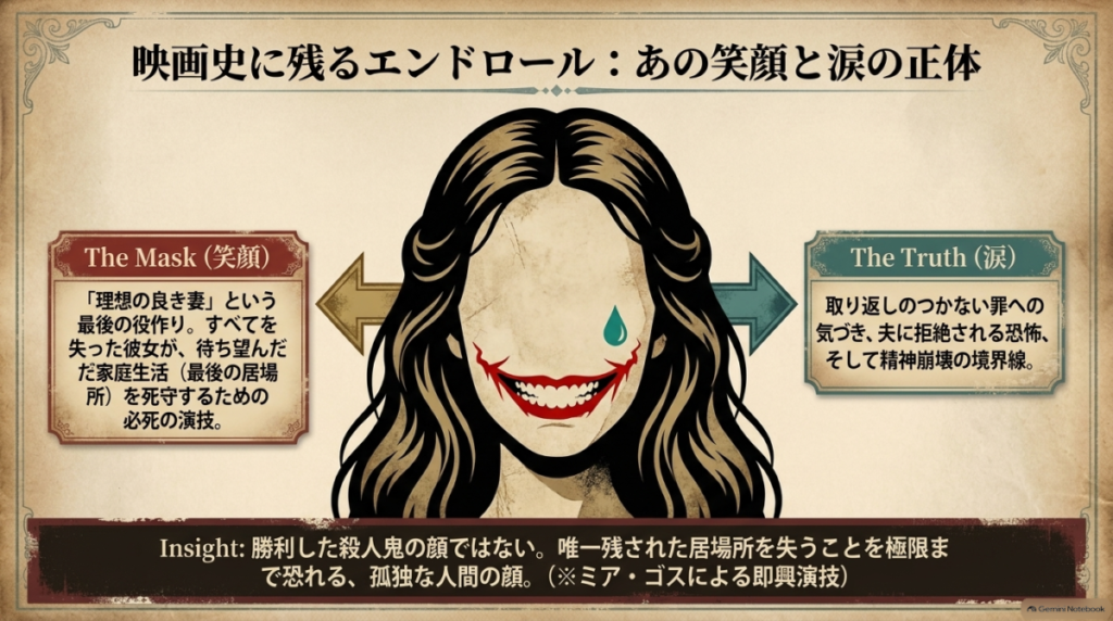 理想の妻という仮面（笑顔）と、取り返しのつかない罪への恐怖（涙）が混ざり合う心理の解説