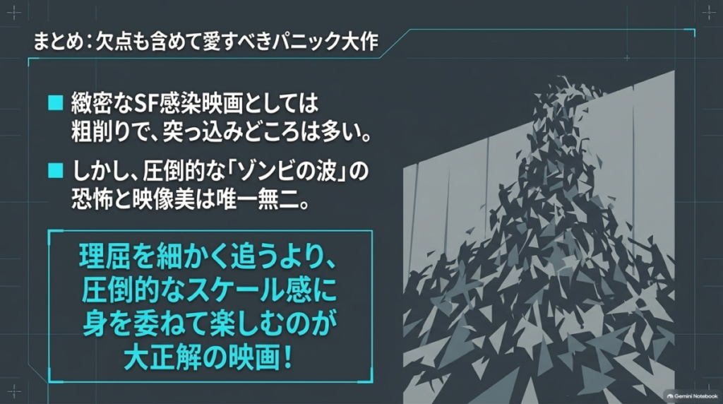 ゾンビの大群が壁をよじ登るイラストとともに、突っ込みどころはあっても圧倒的なスケール感で楽しめるパニック大作であるという総評をまとめた図。
