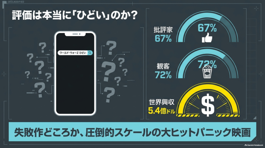 批評家からの評価67%、観客からの評価72%、世界興行収入5.4億ドルというデータを示し、大ヒットパニック映画であることを解説した図。