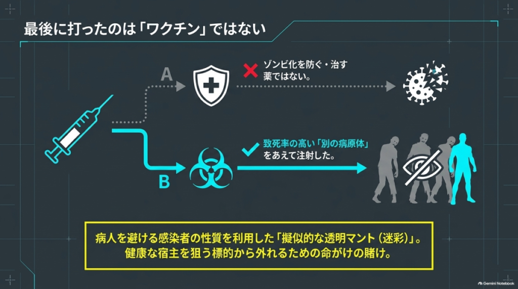 主人公が打った注射がゾンビ化を防ぐ薬ではなく、病人を避ける感染者の性質を利用した擬似的な透明マントであることを示す図解。