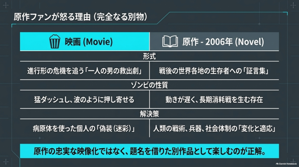 原作小説が戦後の証言集であるのに対し、映画が進行形の危機を追う救出劇であるなど、両者の形式やゾンビの性質の違いを比較した表。